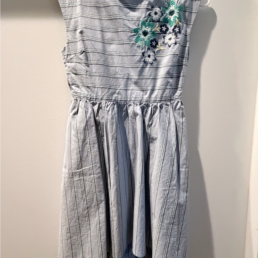 Tea Collection Light Blue Striped Dress with Teal Floral Embroidery